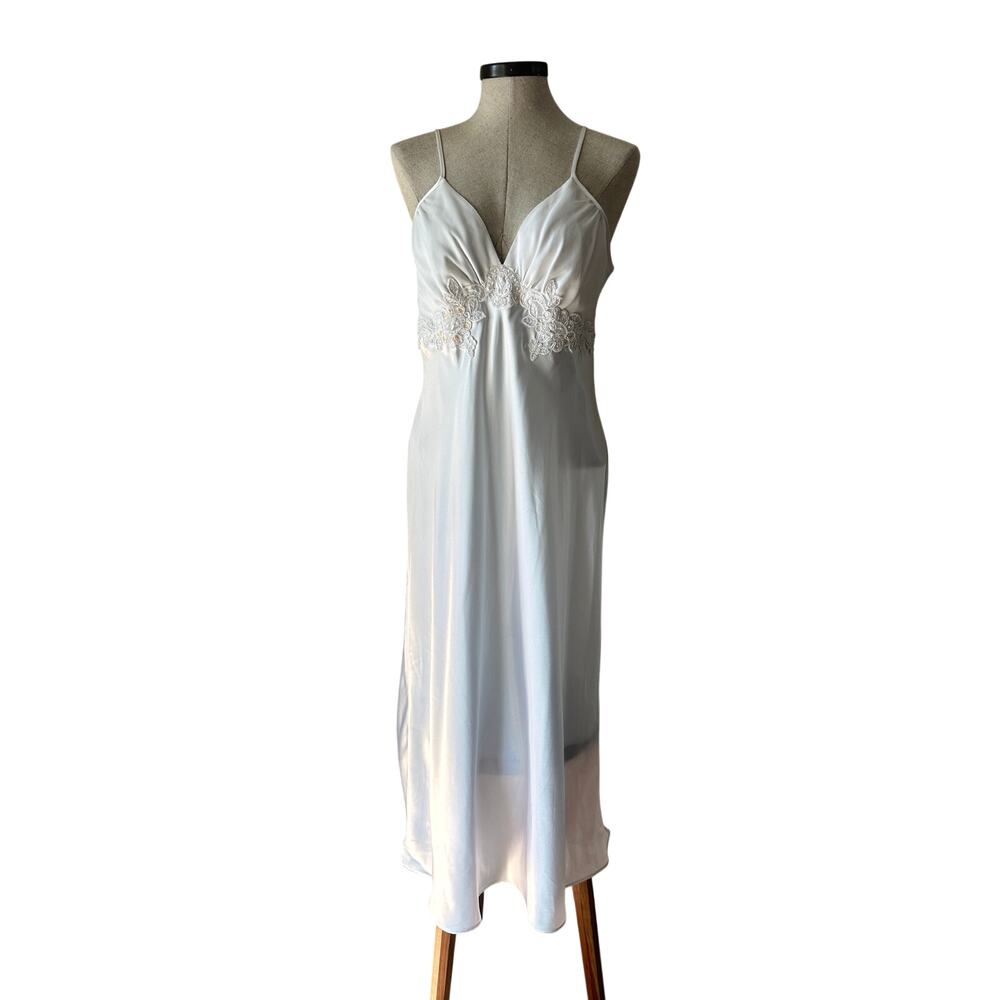 California Dynasty Satin Slip Dress White Lace Trim Bridal Minimal 90s M